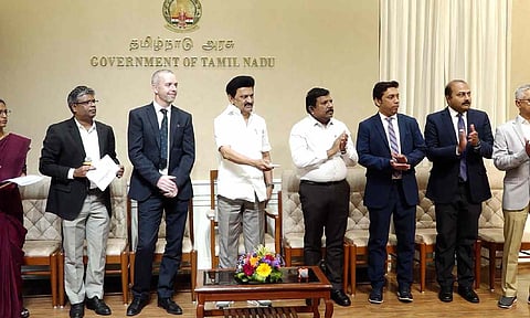 Chief Minister MK Stalin and senior TN govt officials with key Eaton executives Simon Matthieson, VP&amp; GM, EMEA for GEIS, Eaton; Marine Drive, country head and MD for India, Eaton; and Philipose Jacob, country director of GEIS India, Eaton