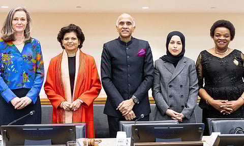 Grammy award-winning Indian-born musician and humanitarian Chandrika Tandon at the Dr Hansa Mehta Memorial Lecture organized by the Permanent Mission of India to the UN at the UN HQ to commemorate International Womens Day (PTI)