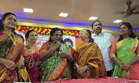 Senior BJP leader Tamilisai Soundarrajan delivering a talk at a women’s day event on Saturday