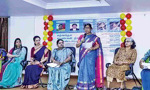 Various dignitaries at the Women’s Day event organised by journalists at the Chennai Press Club on Saturday