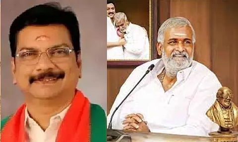 BJP state spokesperson ANS Prasad and HR&amp;CE Minister P K Sekarbabu (L to R)