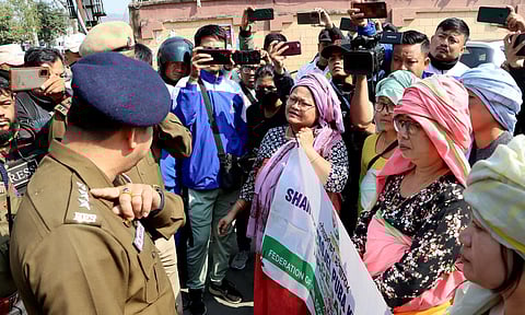 Security personnel block the peace rally organized by the Federation of Civil Society (FOCS) preventing participants from proceeding towards Senapati (PTI)