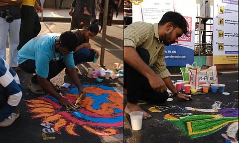 Kolam competition for men at the Besant Nagar beach on Sunday. (Photo: Screengrab from video; X-@chennaicorp)