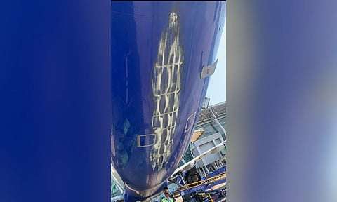 The tail section of the flight shows scrape marks