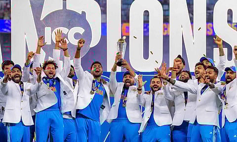 &nbsp;Indian cricket team celebrate holding the trophy after their win against New Zealand in the ICC Champions Trophy 2025 final cricket match (PTI)