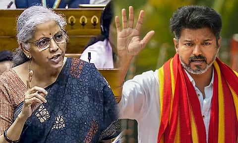 (L-R) FM Nirmala Sitharaman (Credit: PTI), TVK founder-president Vijay