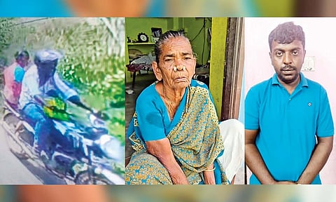 The CCTV footage shows Thirumal (r) riding with the 82-year-old victim Rajamani (c)&nbsp;