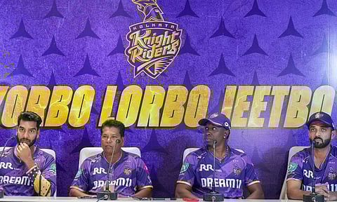 Kolkata Knight Riders vice captain Venkatesh Iyer and coach Chandrakant Pandit during a press conference before the team's training session, ahead of the Indian Premier League (IPL) 2025 (PTI)