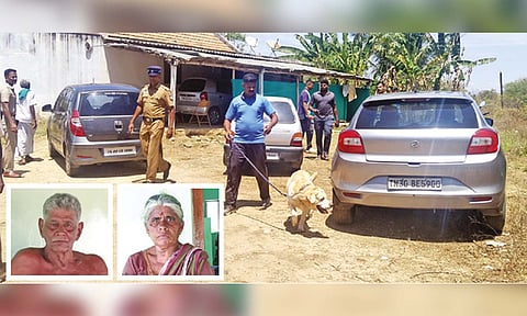 Police investigate scene of crime where elderly couple Palanisamy (82) and his wife Parvatham (75) found dead&nbsp;
