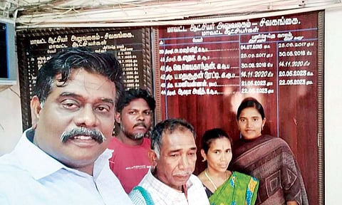 Appa Rao, the rescued bonded labourer, meets with his daughter and son-in-law, at Sivaganga Collectorate on Friday