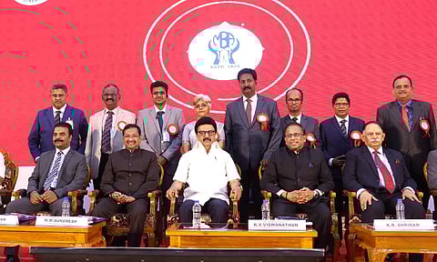 CM MK Stalin, Chief Justice of the Madras High Court KR Shriram, Supreme Court judges MM Sundaresh, KV Viswanathan and R Mahadevan attending an event celebrating 160 years of the Madras Bar Association (X)