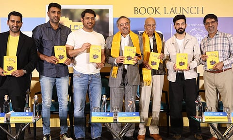Ravichandran Ashwin, MS Dhoni, PS Raman, CD Gopinath, Anirudh and Kris Srikanth at the book launch of Leo - The Untold Story of Chennai Super Kings (Photo: Manivasagan)