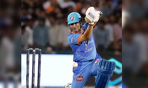 Sachin Tendulkar Captain of India Masters plays a shot during the final match of the International Masters League 2025 (PTI)