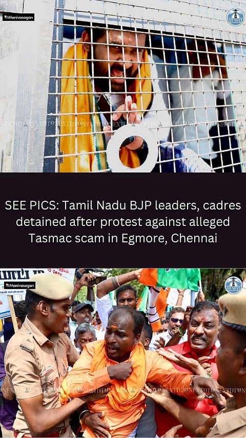 SEE PICS: Tamil Nadu BJP leaders, cadres detained after protest against alleged Tasmac scam in Egmore, Chennai