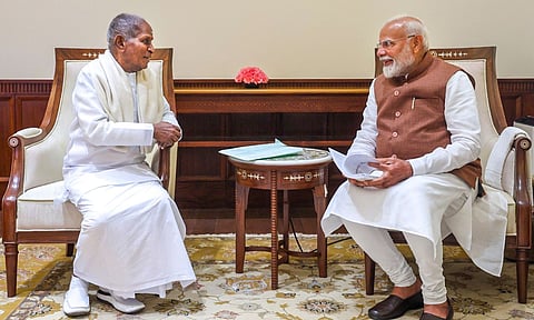 Prime Minister Narendra Modi with Rajya Sabha MP and musician Ilaiyaraaja during a meeting, in New Delhi (PTI)