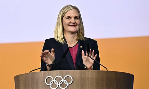 Kirsty Coventry addresses the gathering after being appointed as President at the 144th IOC Session
