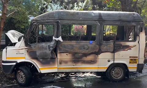 A tempo traveller catches fire while it was ferrying some employees of a company to their office, at Hinjewadi, near Pune, Wednesday, March 19, 2025 (PTI)&nbsp;