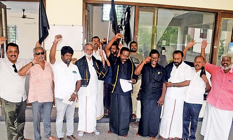 BJP cadres staging a protest outside the party office in Tiruchy on Saturday&nbsp;