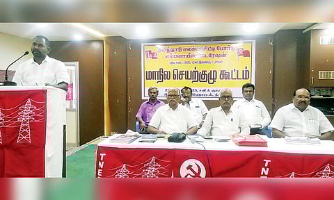 TNEB Employees Federation president Bastin Raj presiding over the executive meeting, in Tiruchy, on Saturday&nbsp;