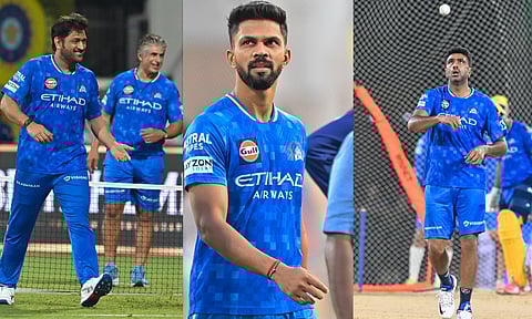 MS Dhoni, Ruturaj Gaikwad and Ravichandran Ashwin during a practice session ahead of the clash against Mumbai Indians&nbsp;