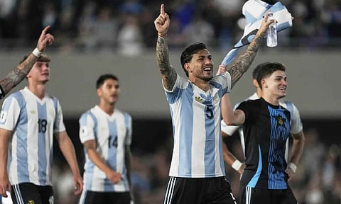 Argentina's Leandro Paredes celebrates after defeating Brazil in a World Cup 2026 qualifying soccer match at Monumental Stadium in Buenos Aires, Argentina (AP)