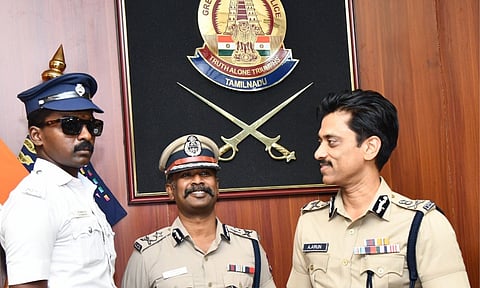 Commissioner A Arun on Tuesday distributed sunglasses to the traffic cop