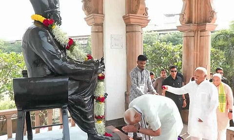 PM Modi pays tribute to RSS founder KB Hedgewar at his memorial in Nagpur on Sunday (PTI)