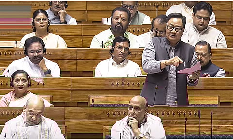 Union Minister of Minority Affairs Kiren Rijiju speaks in the Lok Sabha during the Budget session of Parliament (PTI)