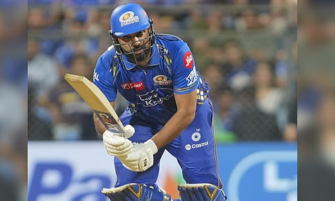 &nbsp;MI batter Rohit Sharma plays a shot during the IPL 2025 cricket match between Mumbai Indians and Kolkata Knight Riders (PTI)