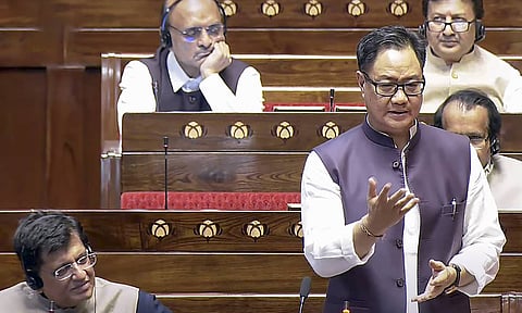 Union Minister of Minority Affairs Kiren Rijiju speaks in the Rajya Sabha during the Budget session of Parliament (PTI)