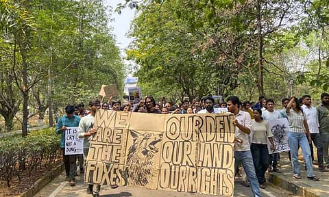 Students of the University of Hyderabad stage a protest (PTI)