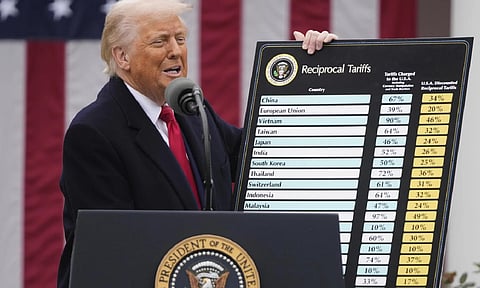 President Donald Trump speaks during an event to announce new tariffs in the Rose Garden at the White House (AP)&nbsp;