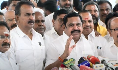 AIADMK general secretary interacting with reporters after walking out of the House on Friday
