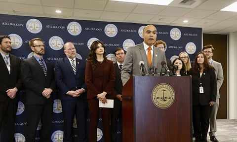 Washington state Attorney General Nick Brown gives news conference announcing a federal lawsuit challenging President Donald Trump's executive order attempting to overhaul elections in the US (AP Photo)