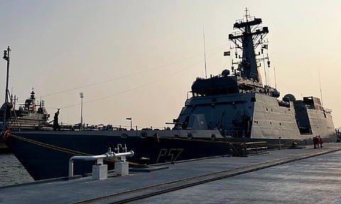 Uttara Kannada: Indian Ocean Ship (IOS) Sagar berthed at the strategically located Karwar naval base in Karnataka (PTI)