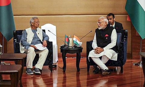 Bangladesh chief adviser Muhammad Yunus and Prime Minister Narendra Modi (PTI)&nbsp;