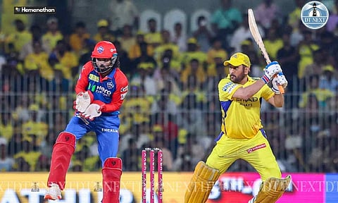MS Dhoni plays a shot during the match against Delhi Capitals (Photo: Hemanathan)&nbsp;