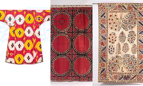 L to R: Chapan Ikat, Suzani from Tashkent, one of David's favourite pieces, Suzani embroidery,&nbsp;
