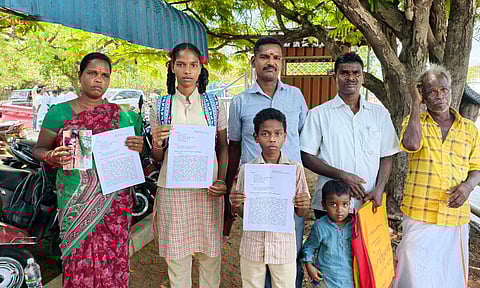 Family from Ariyalur visit the CM cell on Monday to file a complaint about overhead EB lines on their land (Photo: Justin George)