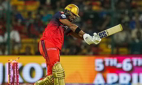 &nbsp;Royal Challengers Bengaluru's Devdutt Padikkal gets clean bowled during an Indian Premier League (IPL) 2025 cricket match between Royal Challengers Bengaluru and Gujarat Titans (PTI)