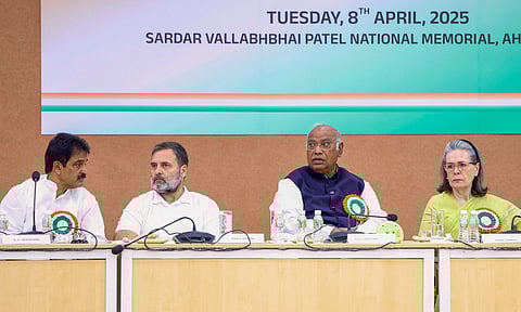 Congress President Mallikarjun Kharge, Congress Parliamentary Party chairperson Sonia Gandhi, LoP in Lok Sabha Rahul Gandhi and AICC General Secretary K.C. Venugopal during the extended Congress Working Committee (CWC) meeting, at Sardar Vallabhbhai Patel Memorial, in Ahmedabad (PTI)