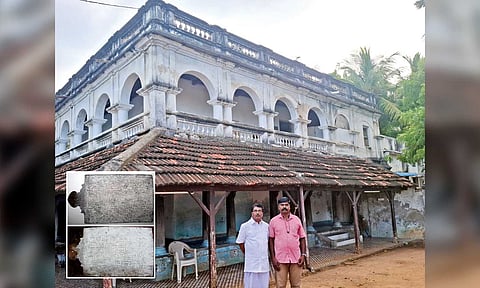 A front view of Saylakudi Zamindar palace in Ramanathapuram district: (Inset) the copper plate grant