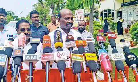 Health Minister Ma Subramanian addressing reporters at Thoothukudi airport on Thursday