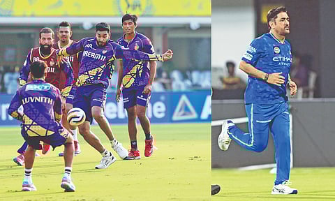 Kolkata Knight Riders’ players engage in a game of football during training; MS Dhoni