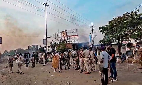 &nbsp;A torched vehicle during a protest against Waqf (Amendment) Act, in Murshidabad district (PTI)