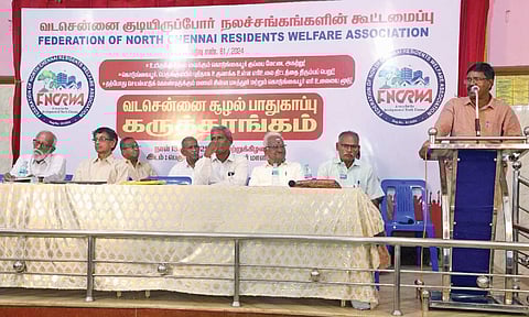 TK Shanmugham, President of Federation of North Chennai Residents Welfare Associations, addressing a seminar on Sunday