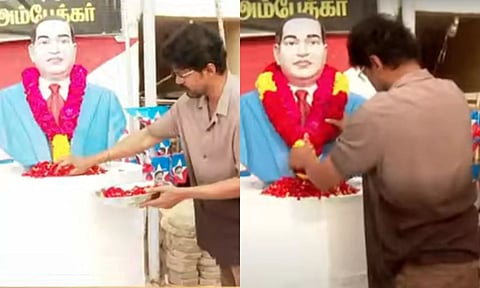 TVK chief Vijay pays floral tribute to DR BR Ambedkar statue (Image: Thanthi TV)