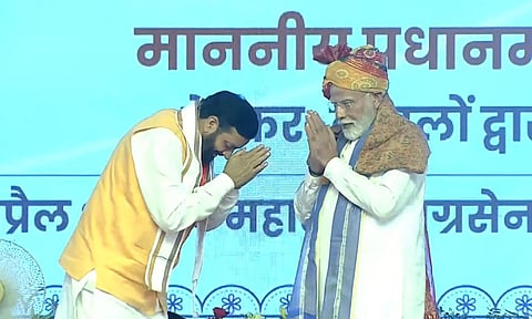 Prime Minister Narendra Modi with Haryana Chief Minister Nayab Singh Saini during a public meeting, in Hisar, Haryana (PTI)