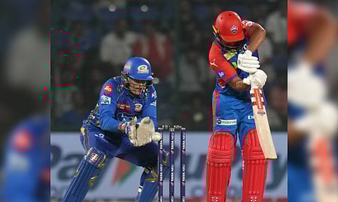 Karun Nair plays a shot during an Indian Premier League (IPL) 2025 T20 cricket match between Delhi Capitals and Mumbai Indians (PTI)