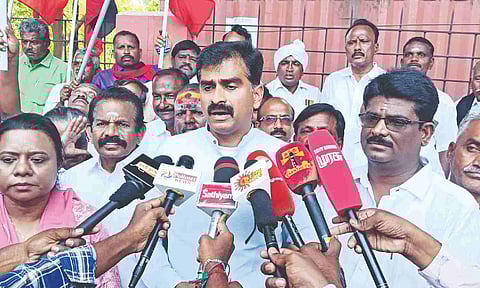 MDMK leader Durai Vaiko talking to reporters on Monday